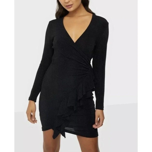IRO Hime Shimmer Ruffle Bodycon Dress Wrap Black Sparkle Cocktail Size 42/XL - Picture 3 of 11